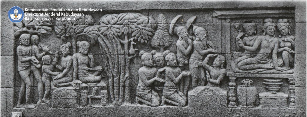 Relief Karmawibhangga 0-117  (Dua pertapa menggunakan payung sedang meminta sedekah pada orang kaya)