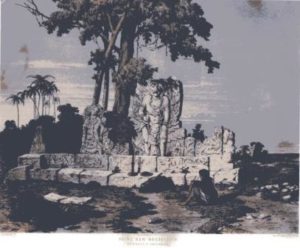 Litografi reruntuhan Candi Menakjingga. Dokumen foto: Jan Weisfenbruch, 1852; koleksi KITLV dalam National Geographic Indonesia, edisi September 2012
