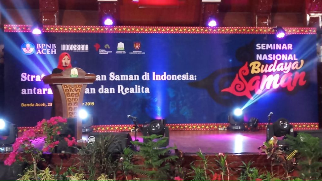 Pembacaan laporan Kepala BPNB Aceh pada kegiatan Seminar Nasional Budaya Saman 2019.