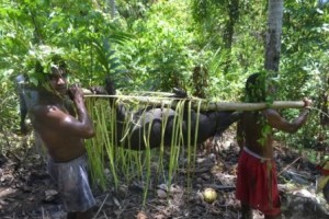 Hasil buruan dihiasi dengan daun kelapa sebelum memasuki kampung