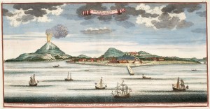 Aanzicht van het eiland Banda Naira in de Molukken uit Valentijn's Oud en Nieuw Oost Indie (prent A)