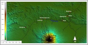 Gambar : Persebaran Situs Prasejarah Sepanjang Aliran Sungai Bengawan Solo (sumber : data SRTM)