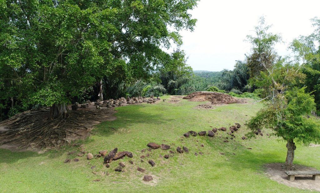Candi Pulo yang didirikan di atas bukit buatan, sisi-sisi tebingnya diperkuat oleh batu.
