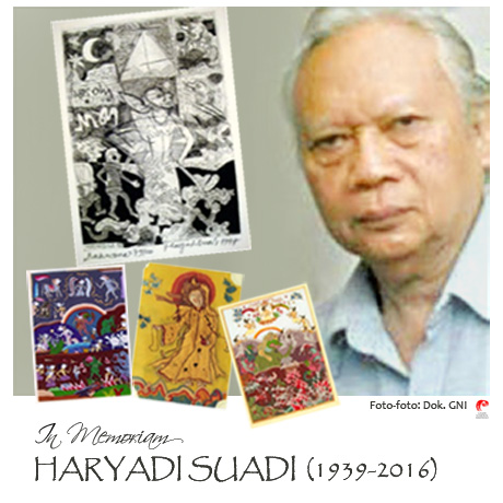 Haryadi Suadi dan empat karyanya yang menjadi koleksi Galeri Nasional Indonesia/Koleksi Negara