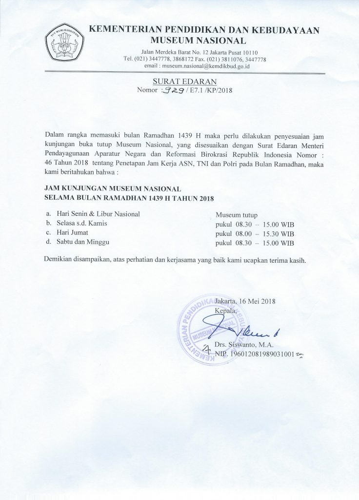 Surat Edaran tentang Jam pelayanan Museum Nasional Indonesia selama bulan Ramadan