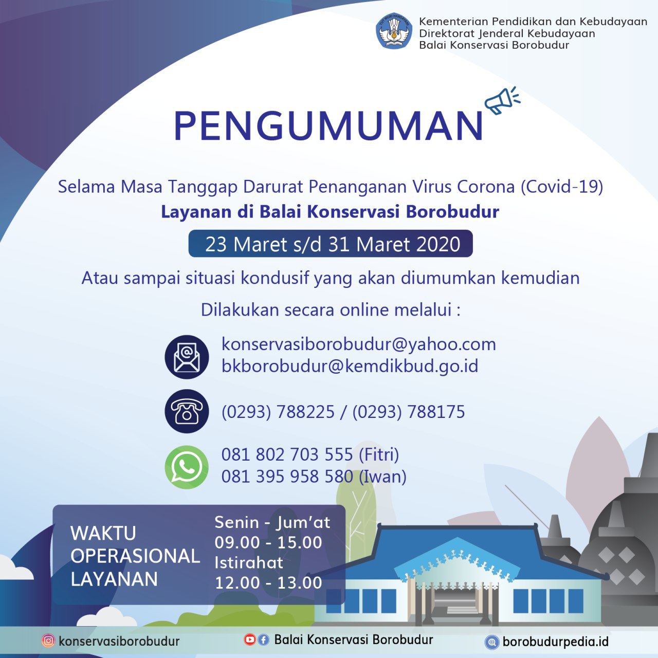 Read more about the article Layanan di Balai Konservasi Borobudur Selama Masa Tanggap Darurat Penanganan Virus Corona