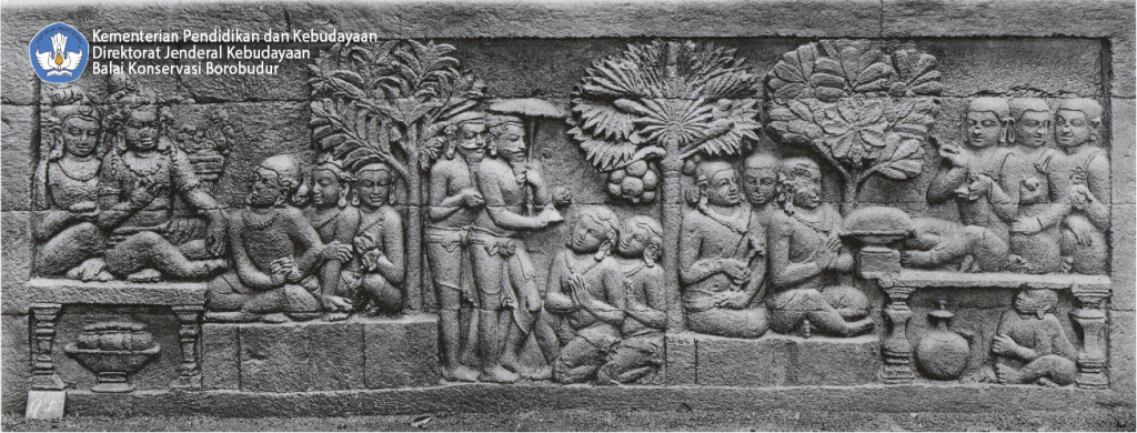  Relief Karmawibhangga 0-55 (Pertapa berjalan mengenakan payung, tiga orang bhiksu berhadapan dengan murid-muridnya)