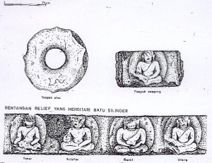 Gambar Batu Berbentuk Silinder dengan relief ArcaBuddha di sisnya, di Pura Mas Ketel, Pejeng