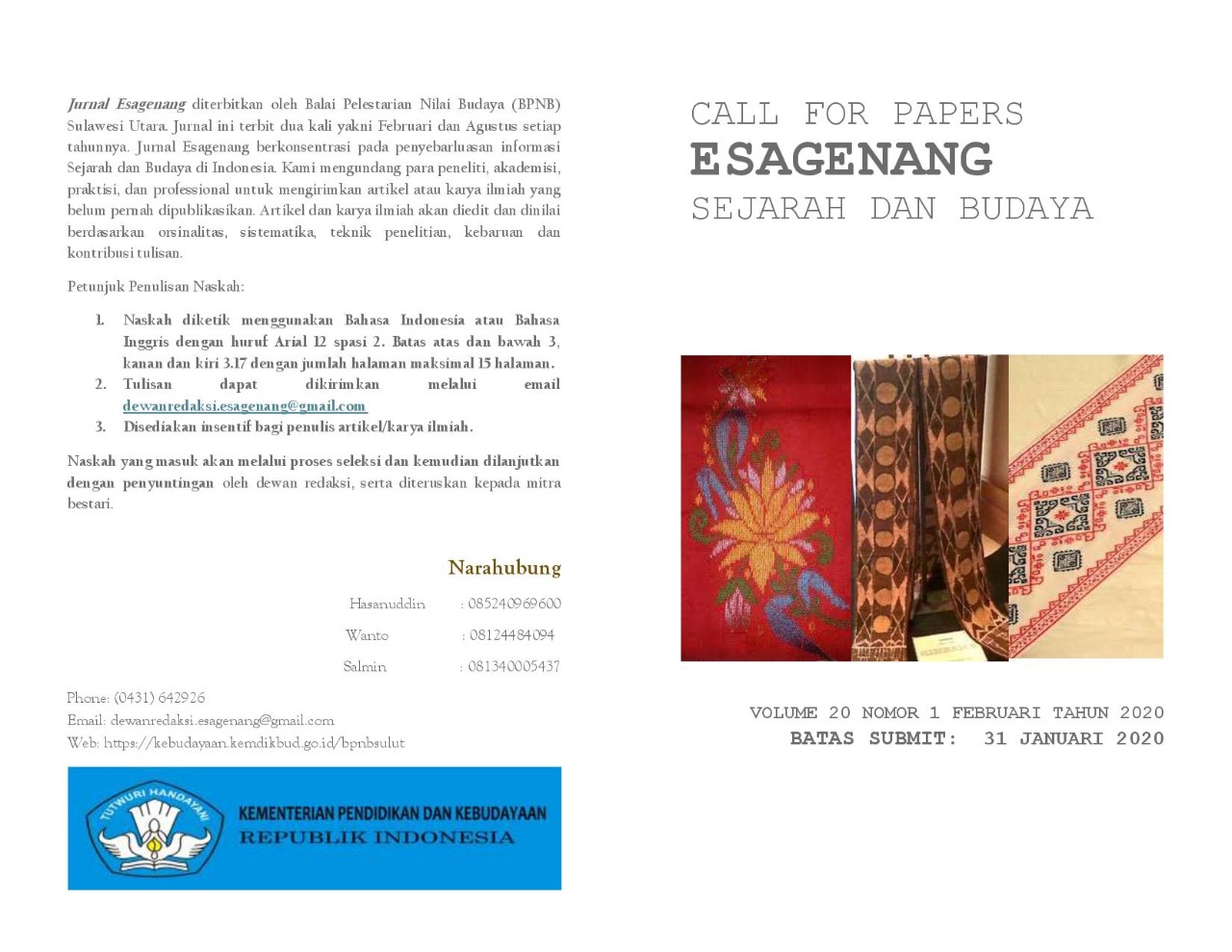 You are currently viewing Call for Papers Jurnal Esa Genang BPNB Sulut