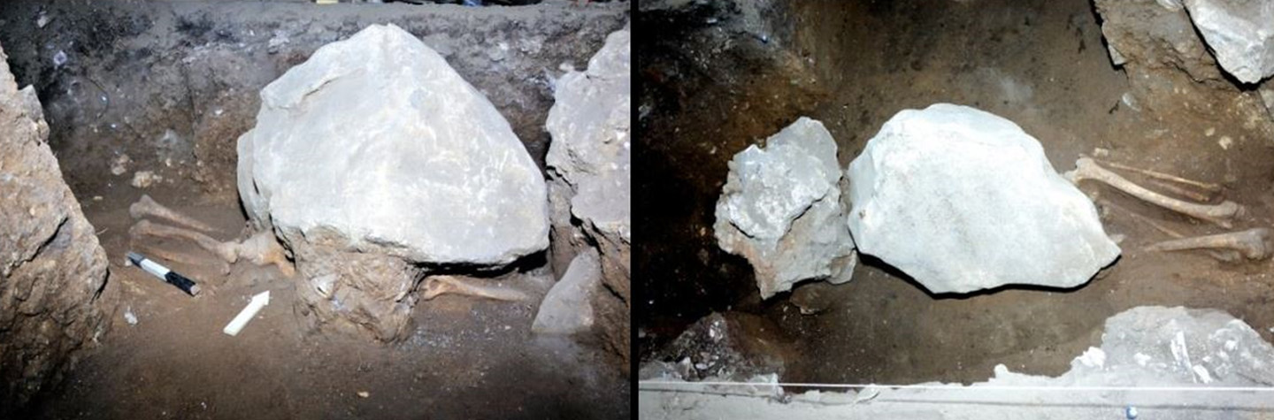 Kerangka manusia, mungkin tertimpa batu akibat runtuhan atap gua, mengenaskan.