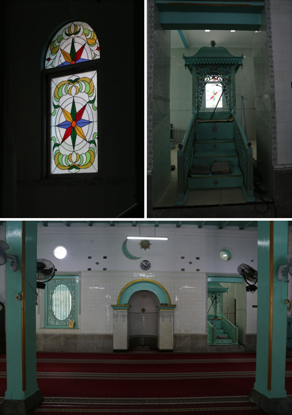 Kaca patri, mimbar dan tiang Masjid Jami Pekojan Semarang yang masih asli.