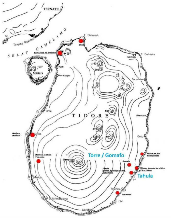 Peta topografi dan persebaran Cagar Budaya di Pulau Tidore.