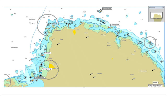 Lokasi situs-situs kapal tenggelam di Perairan Barat Belitung yang telah diteliti oleh Balai Arkeologi Sumatera Selatan.
