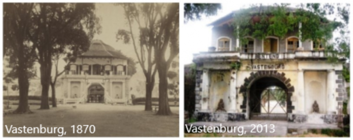 Perbandingan Tampak Depan Benteng Vastenburg, 1870 dan 2013. Sumber: digitalcollections.universiteitleiden.nl