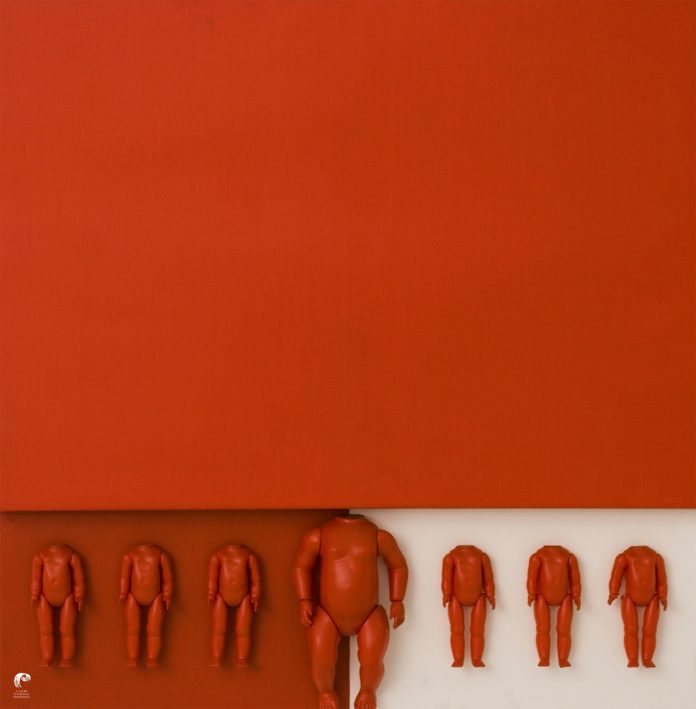 Bonyong Munni Ardhie, “The Flag of Red and White”, 1975, media campuran pada kanvas, 125 x 125 cm